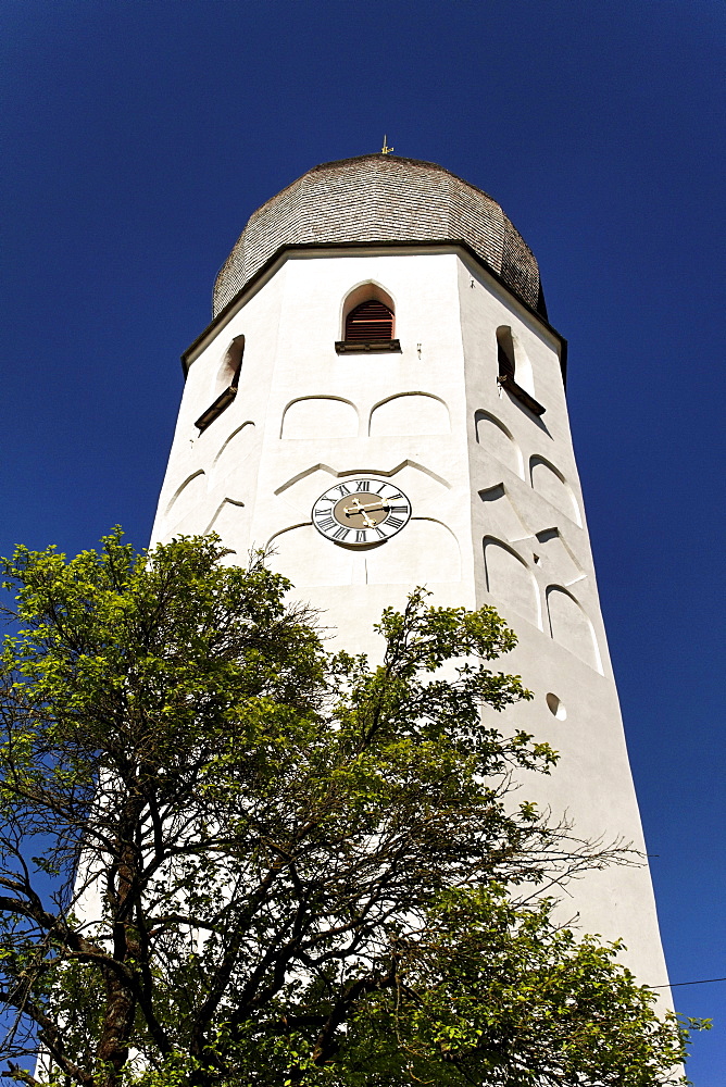 Saint Irmingard church bell tower, Fraueninsel island, lake Chiemsee, Chiemgau, Upper Bavaria, Germany, Europe