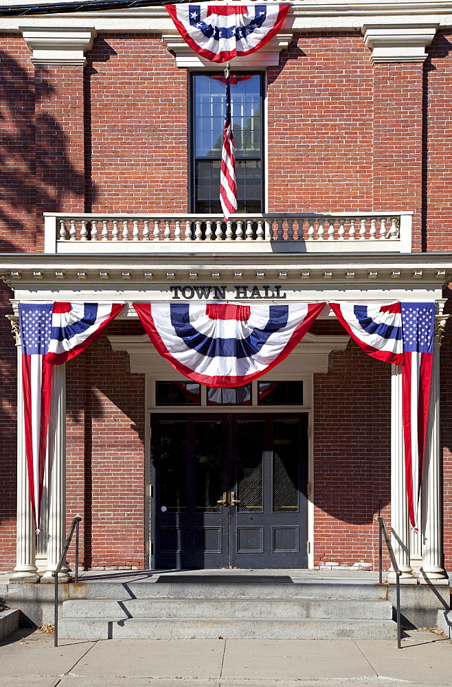 New England Town Hall, decorated for July 4, Groton, Massachusetts, USA