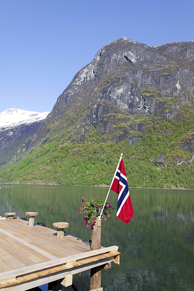 Norwegian flag, lake Oldevatnet, Briksdalen, Norway, Scandinavia, Europe