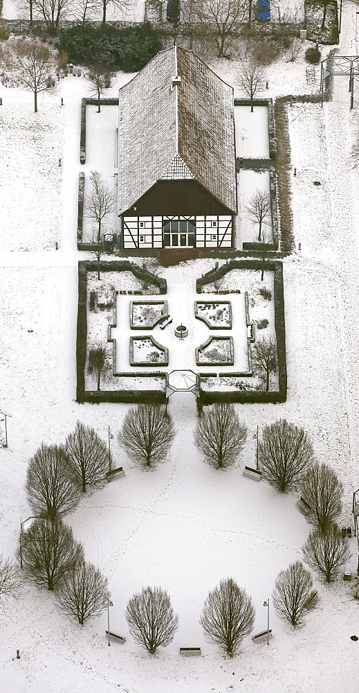 Aerial view, half-timbered house, ecology centre, snow, Heessen, Hamm, Ruhr area, North Rhine-Westphalia, Germany, Europe