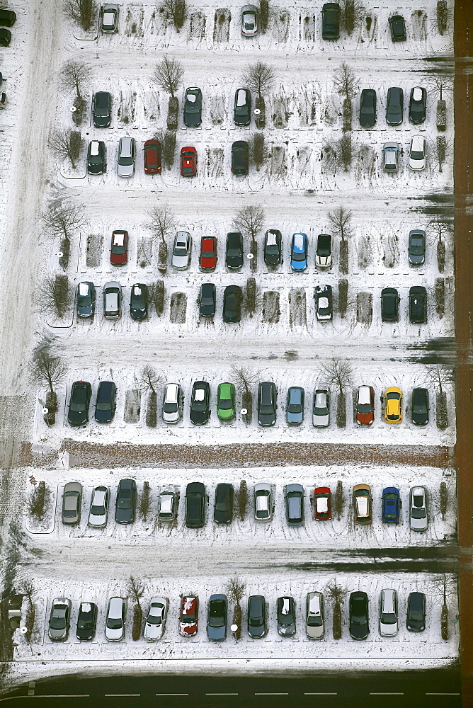 Aerial view, snow-covered parking site, Hamm, Ruhr area, North Rhine-Westphalia, Germany, Europe