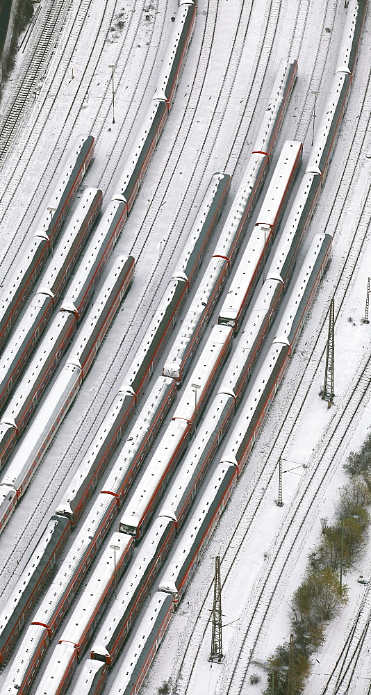 Aerial view, discarded freight cars, snow, freight yard, Hamm, Ruhr area, North Rhine-Westphalia, Germany, Europe