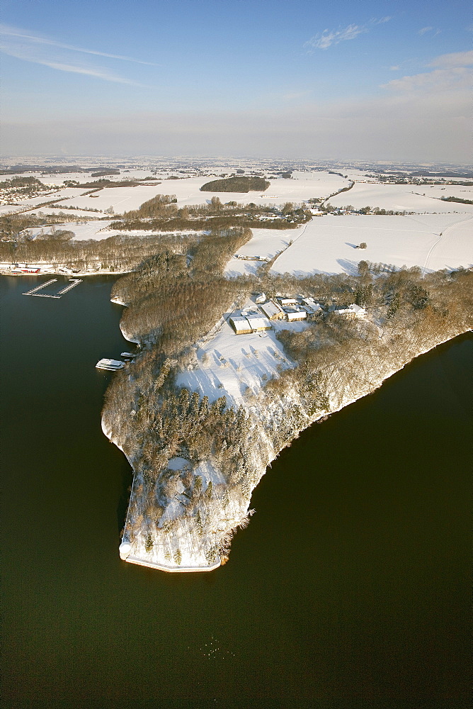 Aerial view, Lake Moehnesee, dam, lake, snow, Soest, North Rhine-Westphalia, Germany, Europe