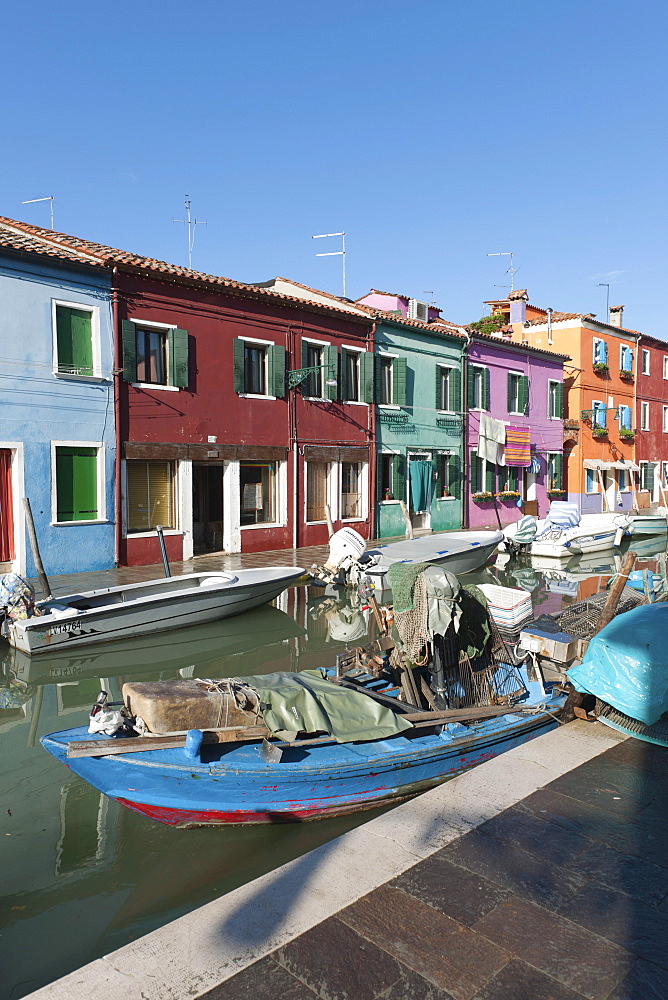 Colourful houses, boats, Burano Island, Venice, Italy, Southern Europe