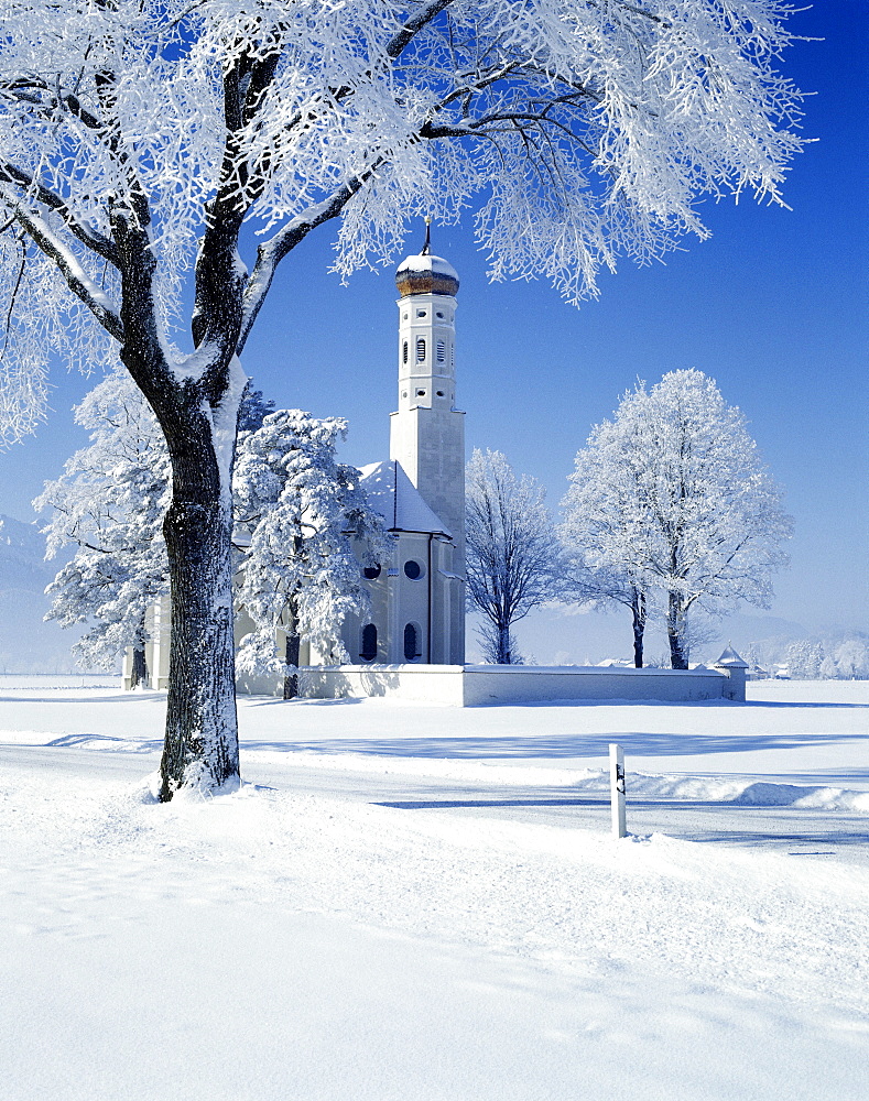 St Coloman, pilgrimage church, snow, Schwangau, Bavarian Swabia, Bavaria, Germany, Europe