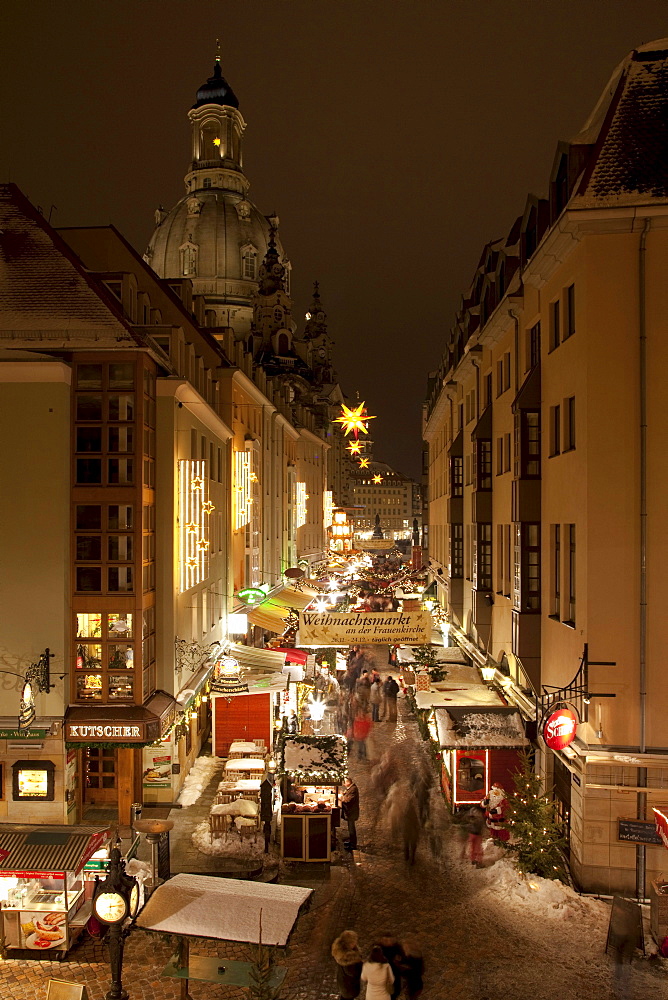 Christmas market next to the Frauenkirche Church, Muenzgasse street, Dresden, Saxony, Germany, Europe