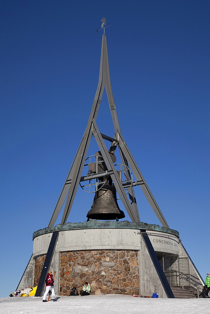 Concordia 2000 bell on the mountaintop plateau on Kronplatz mountain, 2272 m, Kronplatz winter sport region, Bruneck, Puster Valley, Province of Bolzano-Bozen, Italy, Europe