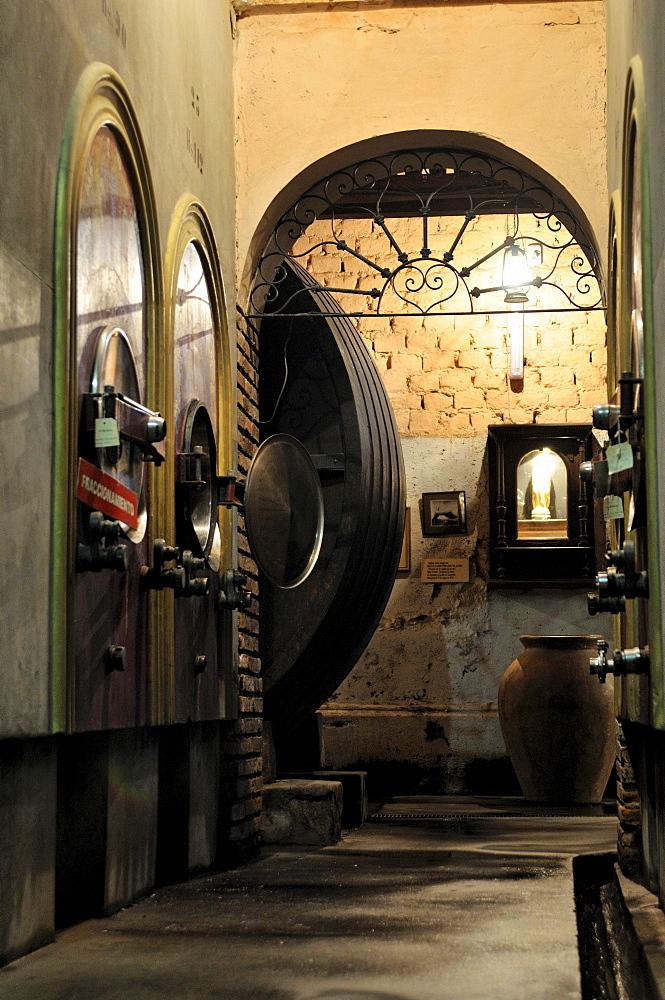 Oak barrels and modern tanks for wine production in the Bodega La Rural winery, Maipu, Mendoza Province, Argentina, South America