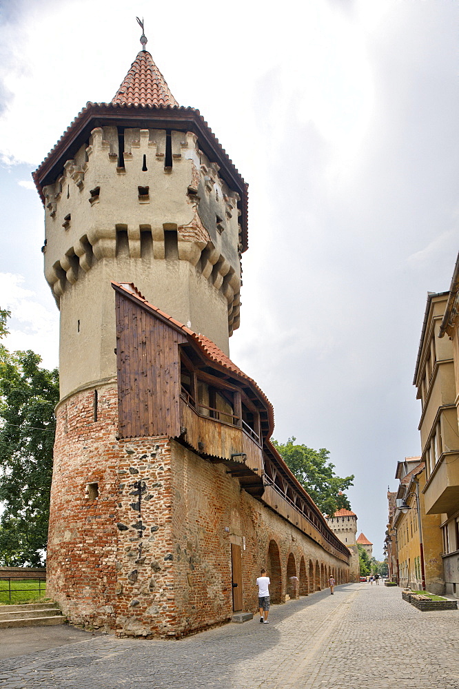 Defensive wall and tower of the craft guilds in Strada Cetatii, Sibiu, Romania, Europe