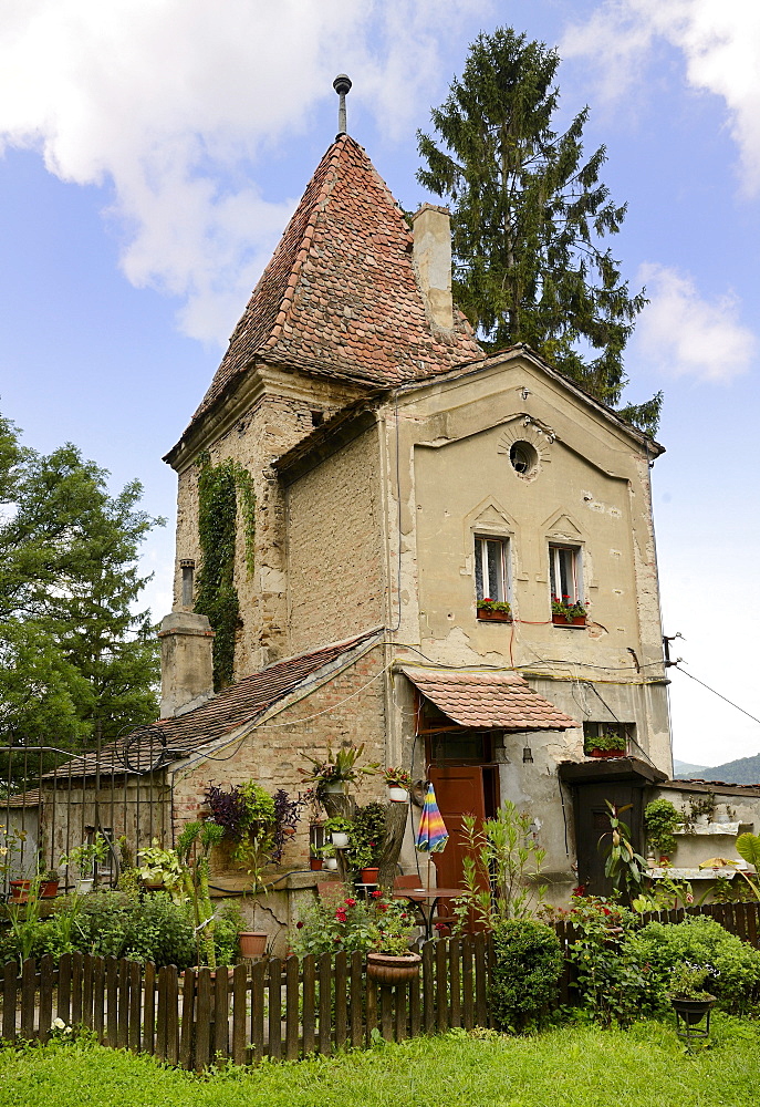 House attached to a watchtower, Sighisoara, Sighisoara, Romania, Europe