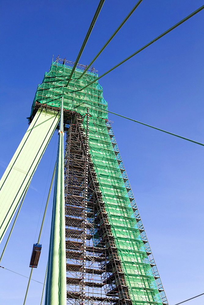 Construction works on Severinsbruecke bridge, Severin Bridge, corrosion prevention on pylon and tension cables, Cologne, North Rhine-Westphalia, Germany, Europe