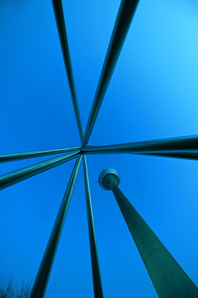 Rheinturm television tower and tree structures, Medienhafen Media Harbour, Duesseldorf, North Rhine-Westphalia, Germany, Europe