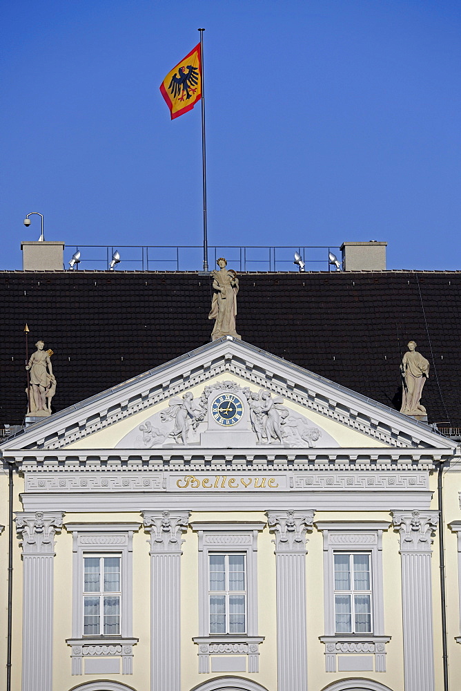 Main entrance with flag, Bellevue Palace, seat of the German Federal President, Berlin, Germany, Europe