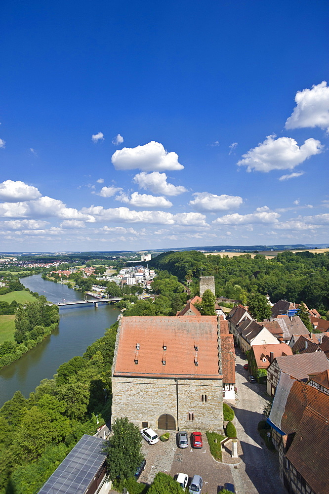 View from the Blauer Turm tower on the Neckar river and Steinhaus, old town, Bad Wimpfen, Neckar, Baden-Wuerttemberg, Germany, Europe