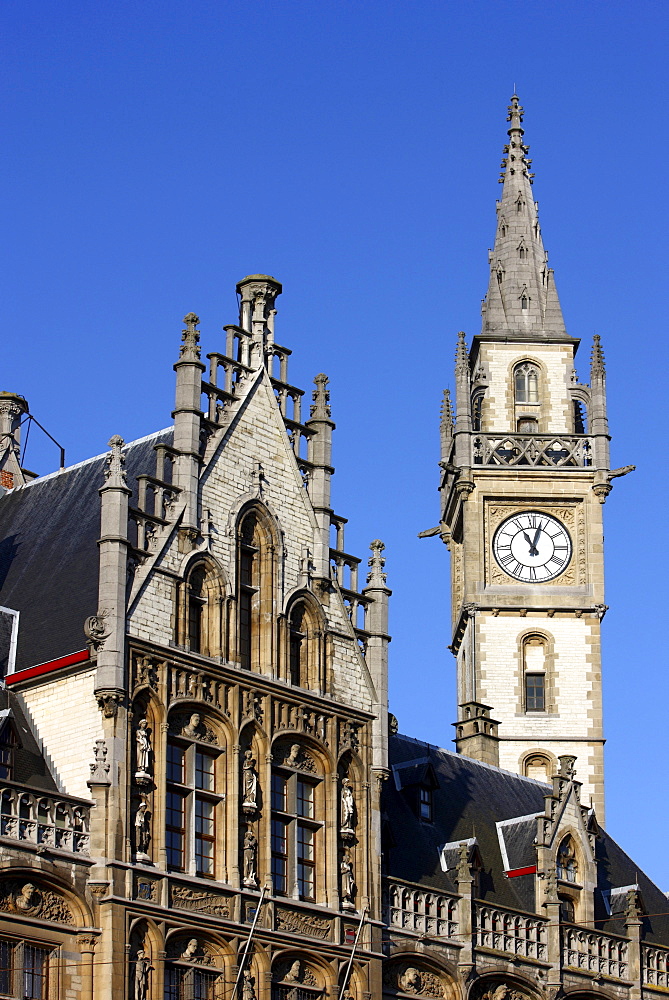 Tower of the Postgebouw former post office building, Metselaarshuis, old town, Ghent, East Flanders, Belgium, Europe