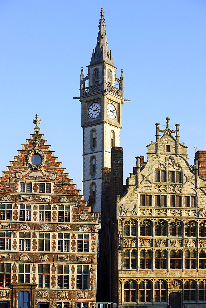 Houses on the river Leie, tower of the Postgebouw former post office building, Metselaarshuis, old town, Ghent, East Flanders, Belgium, Europe