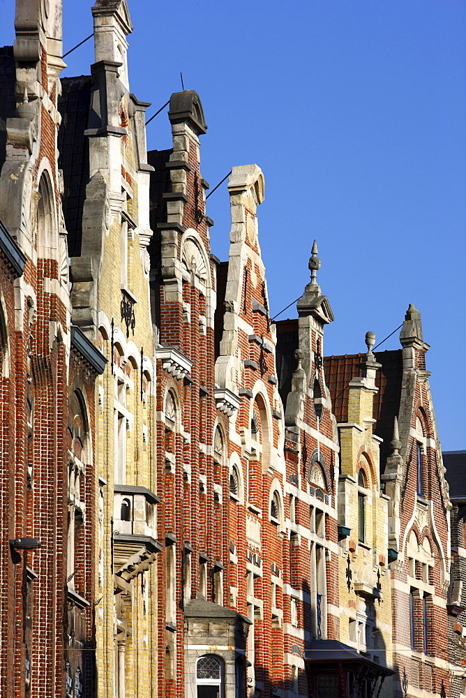 Gables of houses at the Baudelostraat on Vrijdagmarkt, Ghent, East Flanders, Belgium, Europe