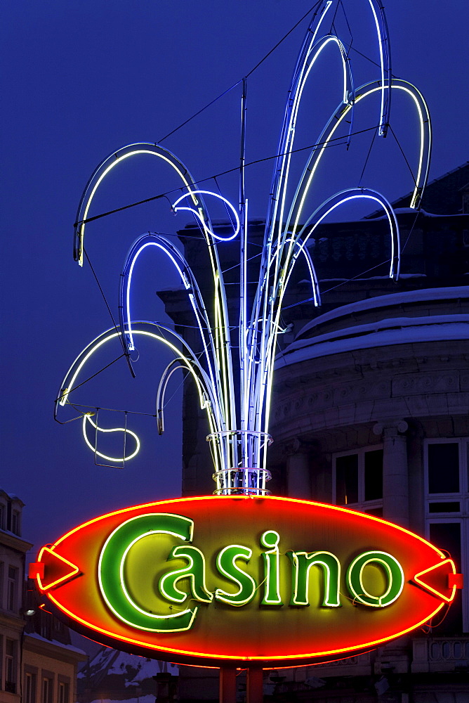 Neon sign with the lettering "Casino", gambling casino in the health spa complex, Ardennes region, Liege province, Wallonia region, Belgium, Benelux, Europe