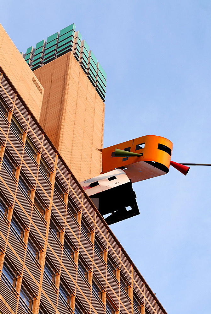 Sculpture, Landed, by Auke de Vries, on the roof of the Debis Building, Potsdamer Platz, Berlin, Germany, Europe