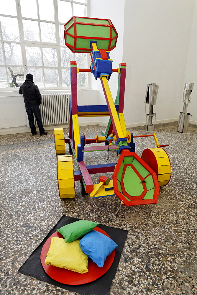 Colorful art object "Katapult" by Cornelius Grau, exhibition of student works, Kunstakademie Duesseldorf arts academy, North Rhine-Westphalia, Germany, Europe