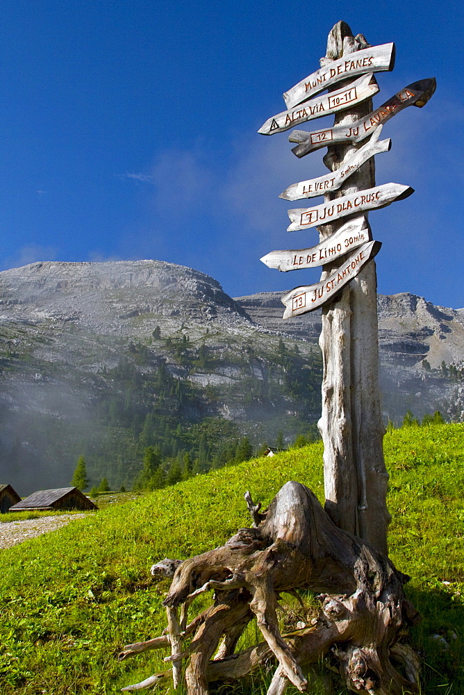 Hiking signs in Fanes-Sennes-Prags Nature Park, South Tyrol, Trentino-Alto Adige, Italy, Europe