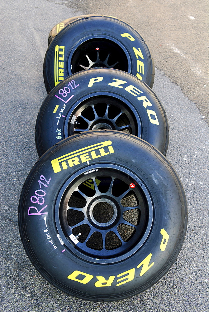 Pirelli Formula 1 racing tyres for wet weather in the paddock at the Circuit Ricardo Tormo near Valencia, Spain, Europe