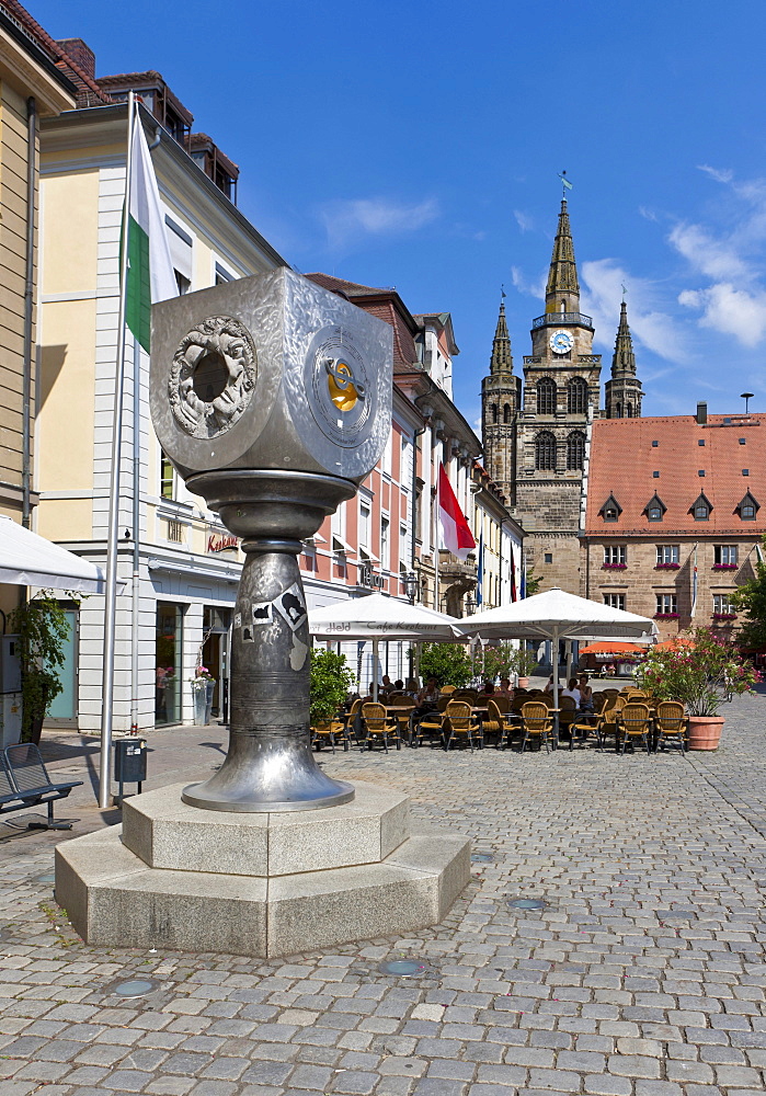 Memorial to Johann Sebastian Bach, Martin-Luther-Platz square and the Stadthaus building, Church of St. Gumbertus, Ansbach, Middle Franconia, Franconia, Bavaria, Germany, Europe