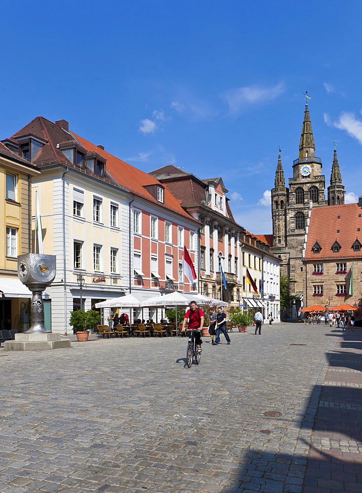 Martin-Luther-Platz square and the Stadthaus building, Church of St. Gumbertus, Ansbach, Middle Franconia, Franconia, Bavaria, Germany, Europe