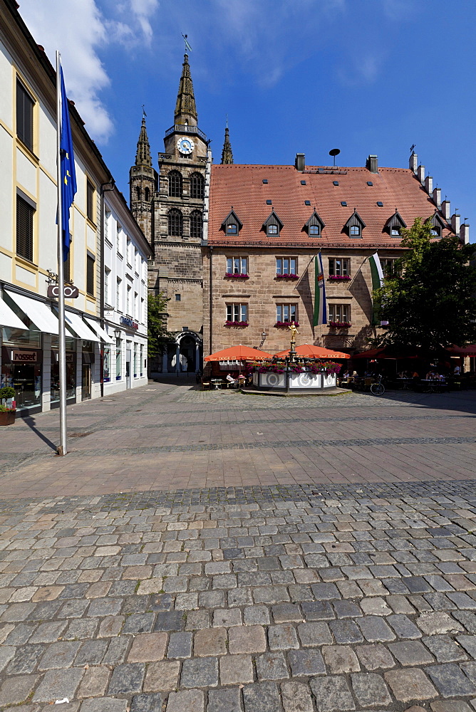 Martin-Luther-Platz square and the Stadthaus building, Church of St. Gumbertus, Ansbach, Middle Franconia, Franconia, Bavaria, Germany, Europe