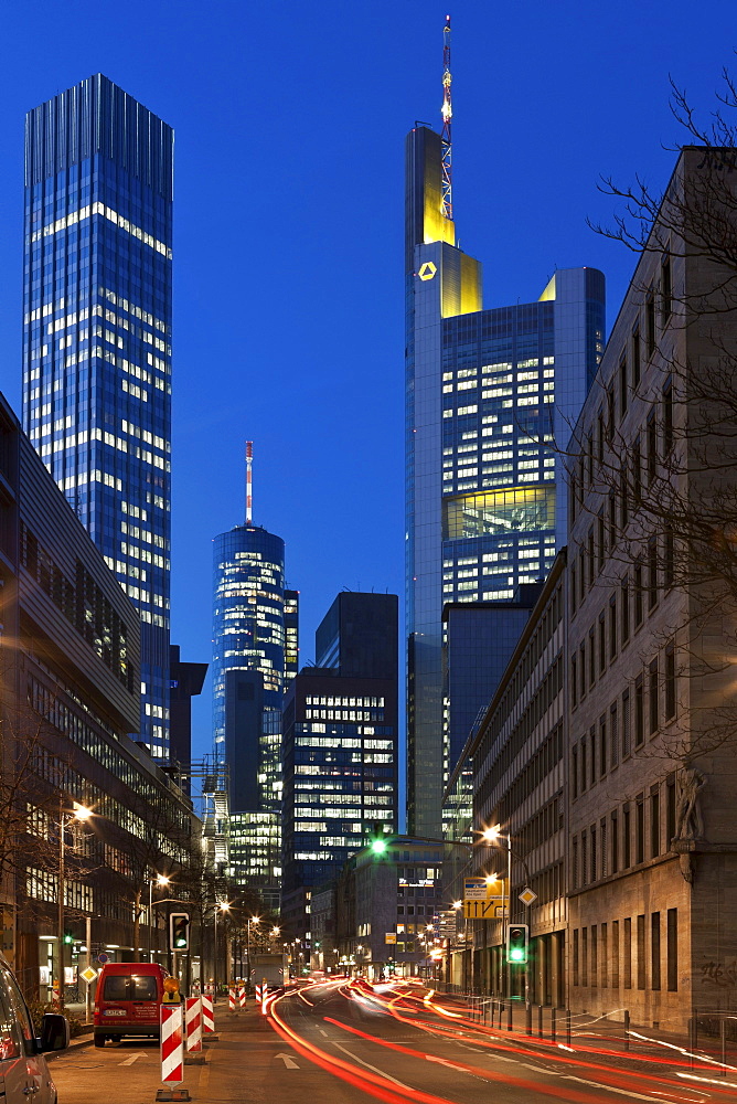 View towards Commerzbank Tower, European Central Bank, ECB, the Hessische Landesbank and Main Tower, Frankfurt am Main, Hesse, Germany, Europe