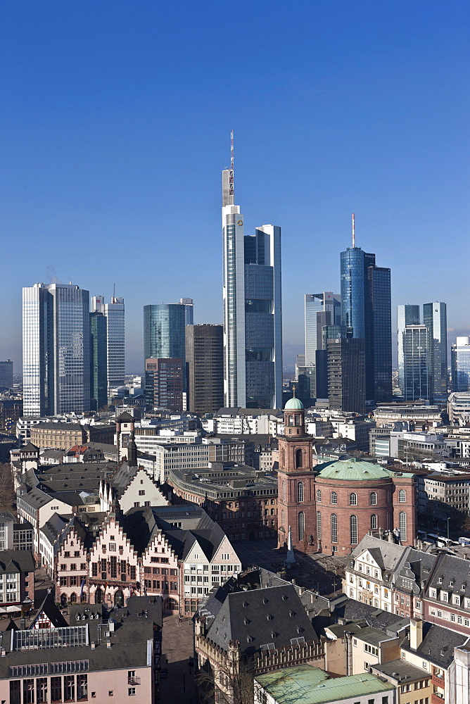 View of Frankfurt and its skyline, Commerzbank, Hessische Landesbank, Deutsche Bank, European Central Bank, Skyper building, Sparkasse, DZ Bank, Paulskirche Church, Roemer city hall, Frankfurt am Main, Hesse, Germany, Europe