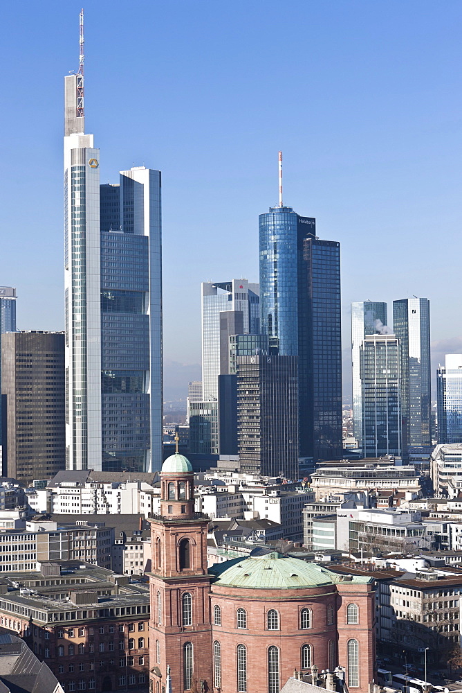 View of Frankfurt and its skyline, Commerzbank, Hessische Landesbank, Deutsche Bank, Sparkasse, DZ Bank, Paulskirche Church, Roemer city hall, Frankfurt am Main, Hesse, Germany, Europe