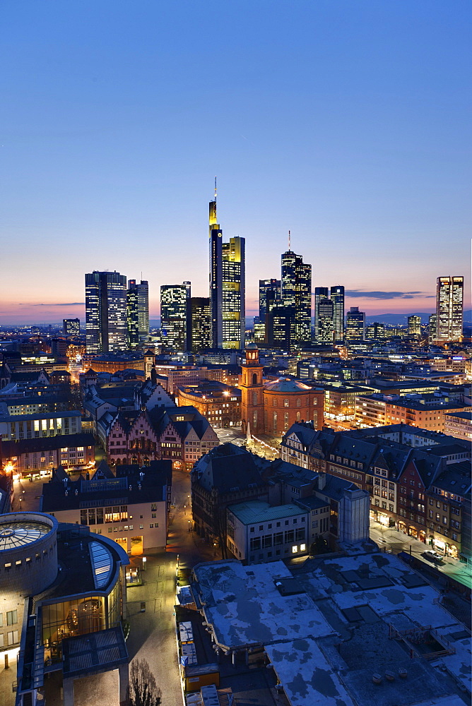 View of Frankfurt and its skyline, Commerzbank, Hessische Landesbank, Deutsche Bank, European Central Bank, Skyper building, Sparkasse, DZ Bank, Opernturm Tower, Paulskirche church, Roemer city hall, Frankfurt, Hesse, Germany, Europe