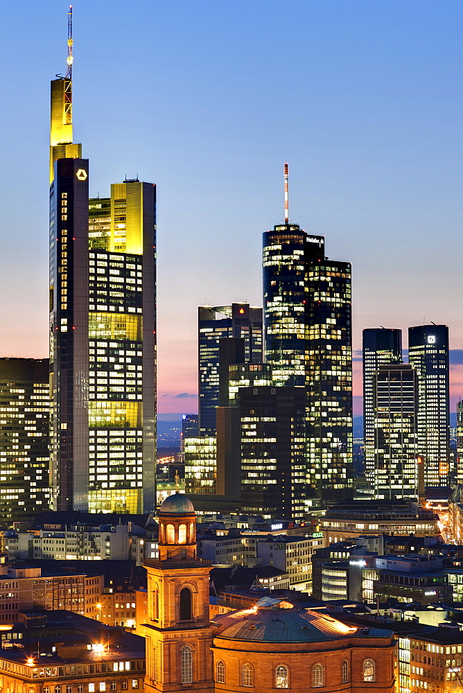 View of Frankfurt and its skyline, Commerzbank, Hessische Landesbank, Deutsche Bank, European Central Bank, Skyper building, Sparkasse, DZ Bank, Paulskirche church, Frankfurt, Hesse, Germany, Europe