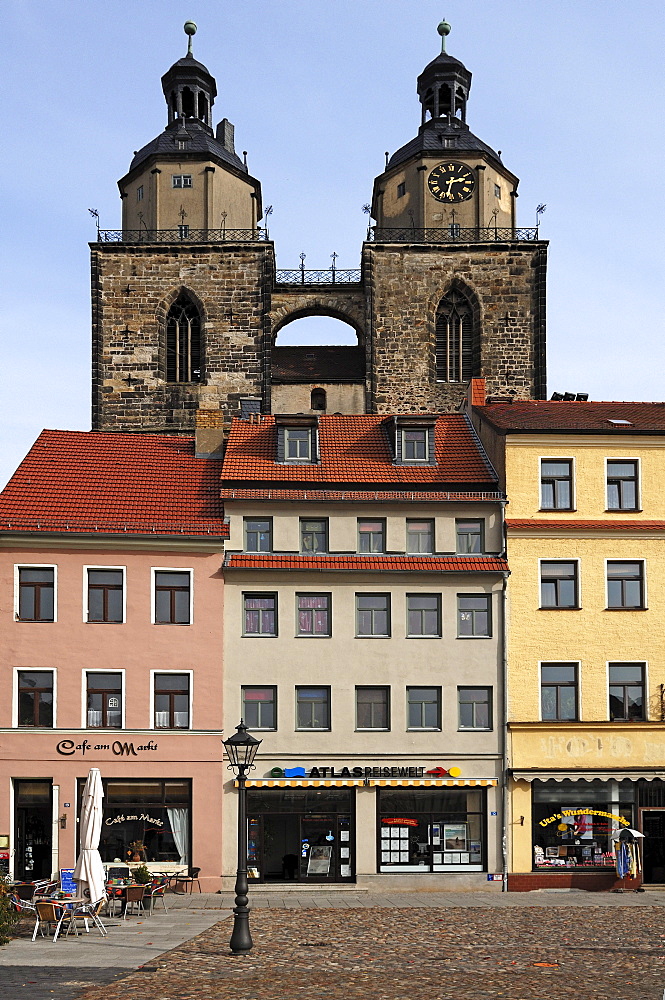 Spires of the city and parish church of St Marien, St Mary, buildings at front, Lutherstadt Wittenberg, Martin Luther City Wittenberg, Saxony-Anhalt, Germany, Europe