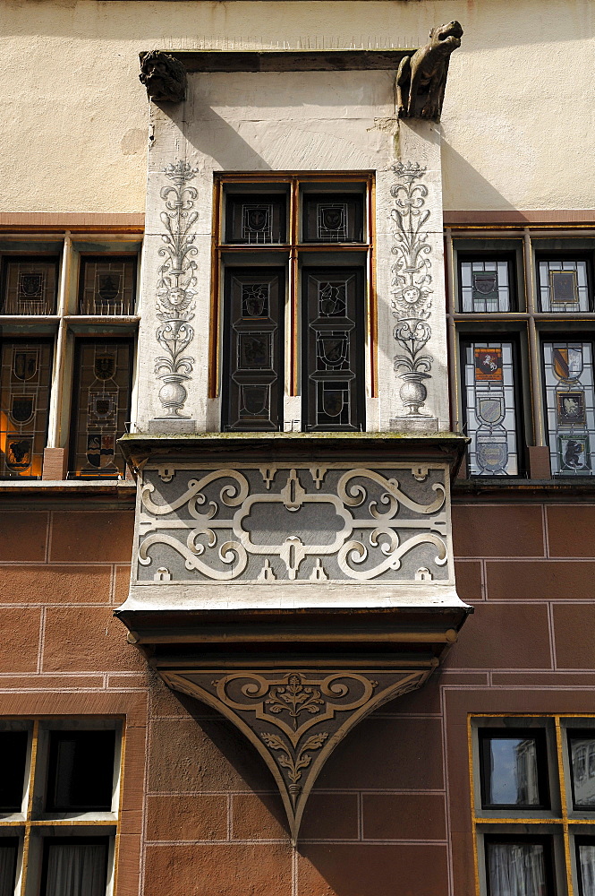 Decorative bay window at the Baseler Hof, built 1494-1496, Baseler Strasse 40, Freiburg im Breisgau, Baden-Wuerttemberg, Germany, Europe