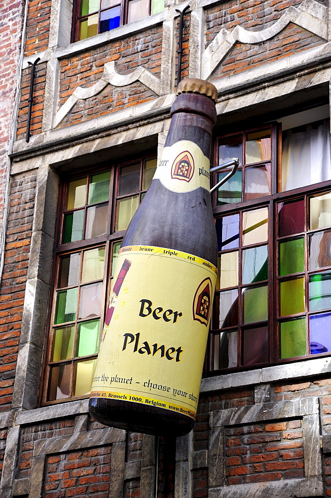 Beer Planet, a specialized beer store with a big bottle as a sign on the facade, city centre, Brussels, Belgium, Benelux, Europe