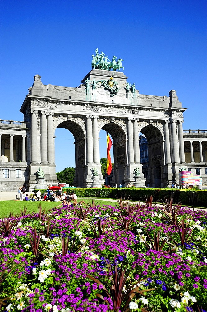 Arc de Triomphe, flowers in Jubelpark, Parc du Cinquantenaire, Brussels, Belgium, Benelux, Europe