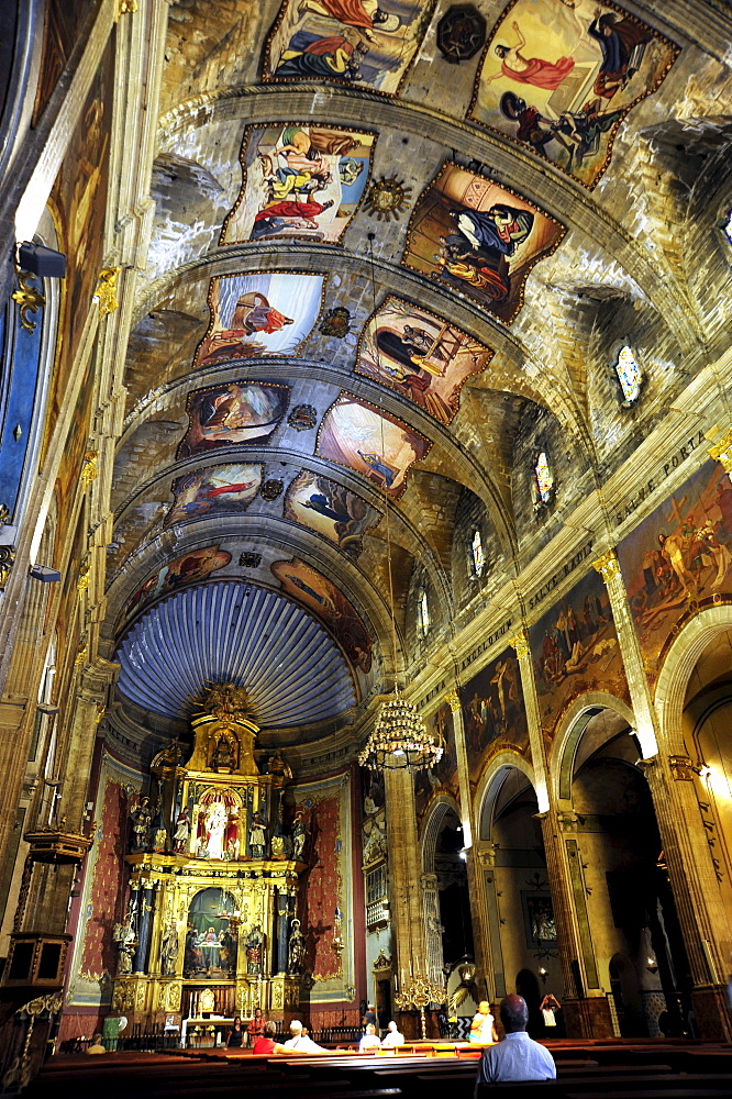 Altar, interior decoration and ceiling painting in the church Nostra Senyora dels Angels, Pollensa, Pollenca, Majorca, Balearic Islands, Mediterranean, Spain, Europe