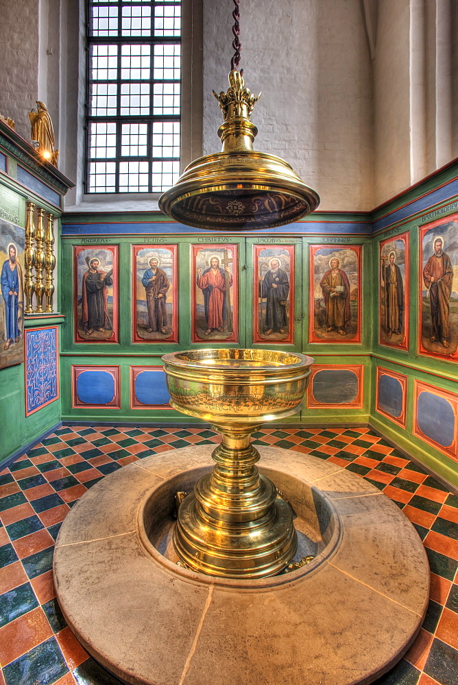 The baptismal font in Sct. Olai Domkirke cathedral, Helsingor, Elsinore, Denmark, Europe