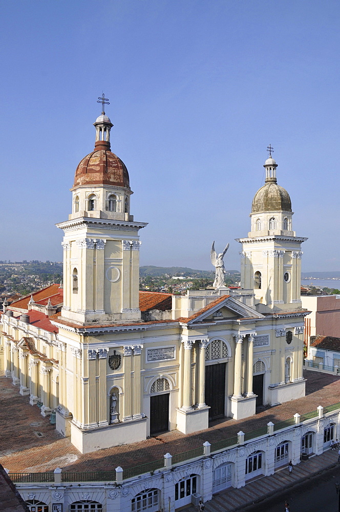 Cathedral of Santiago de Cuba, as seen from the terrace of the Casa Granda Hotel, Parque Cespedes park, Santiago de Cuba, historic district, Cuba, Caribbean, Central America