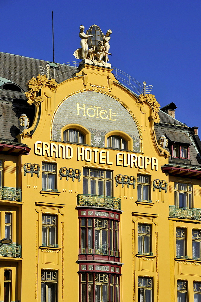 Art Nouveau statues on the gable of the Grand Hotel Europa, Wenceslas Square, Prague, Bohemia, Czech Republic, Europe