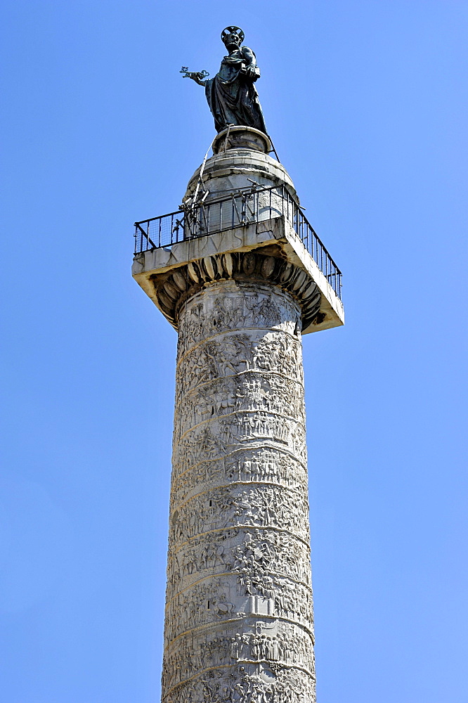 Trajan's Column with a bronze statue of St. Peter, Trajan's Forum, Via dei Fori Imperiali, Rome, Lazio, Italy, Europe