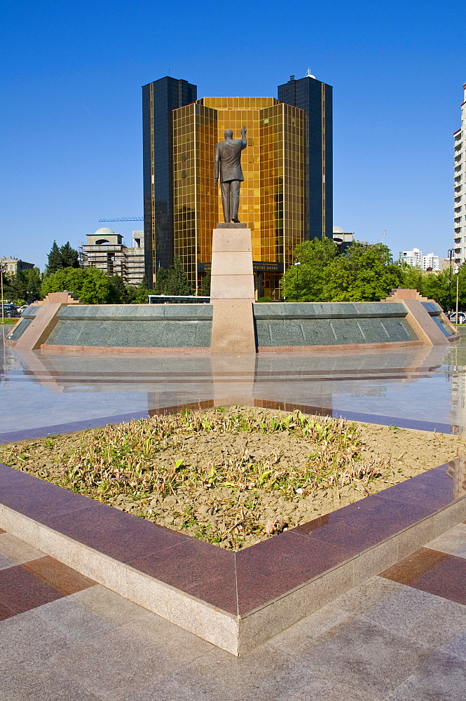 Modern building with a statue, Baku, Azerbaijan, Middle East