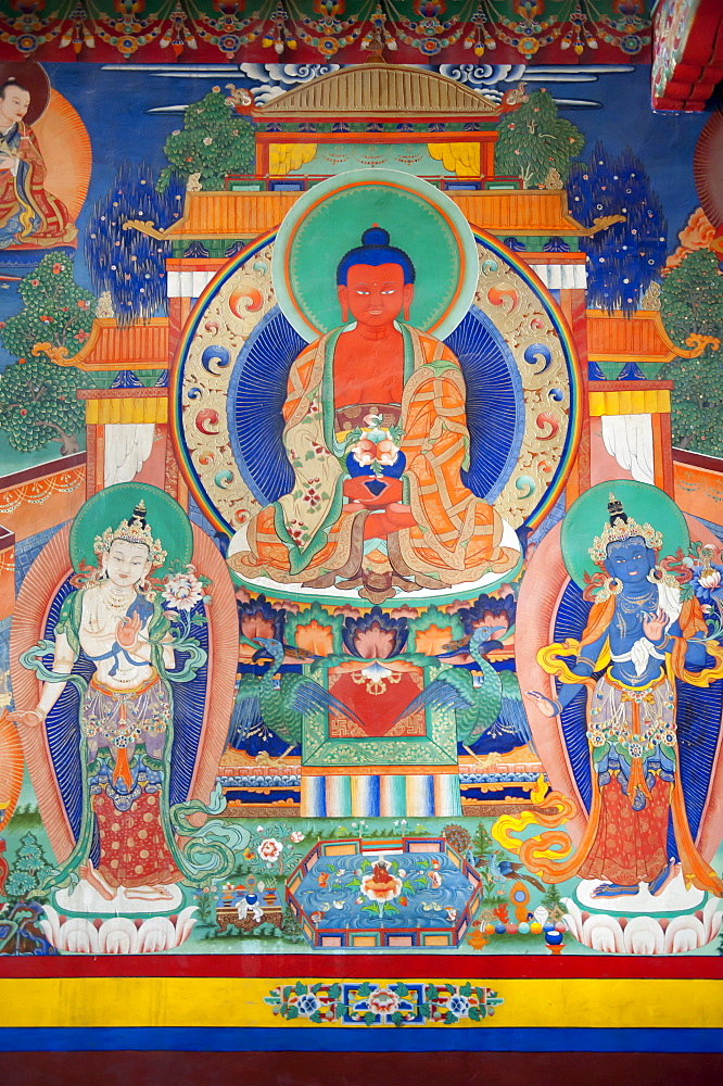 Tibetan Buddhism, old wall painting in the assembly hall, representation of Buddha, Chemre Gompa Monastery near Leh, Ladakh district, Jammu and Kashmir, India, South Asia, Asia