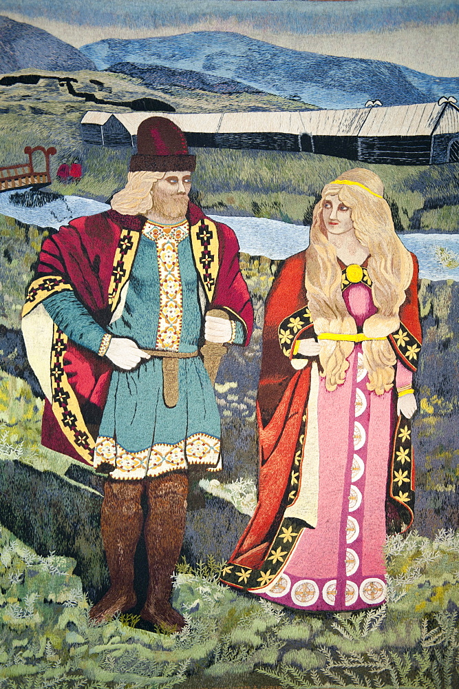 Icelandic couple from the old days of the sagas in typical dress, picture in a tapestry, Skogar open-air museum, Iceland, Scandinavia, Northern Europe, Europe