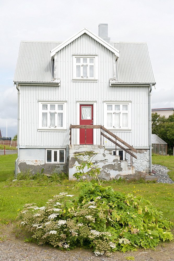 Gray house made of corrugated iron in Hoefn, Iceland, Scandinavia, Northern Europe, Europe