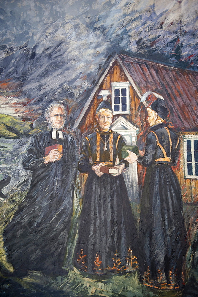 Modern wall painting or mural in a church, priest and women dressed in black, Flatey, Iceland, Scandinavia, Northern Europe, Europe