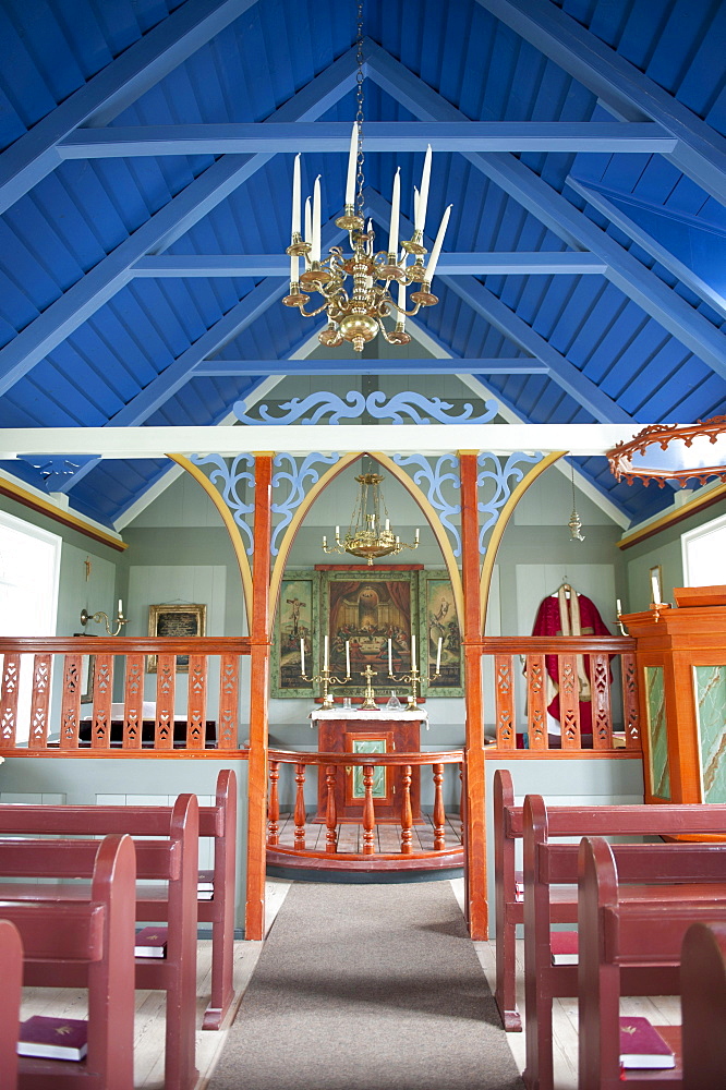 Colourful church interior, altar area, Lutheran church in the open-air museum Skogar, Iceland, Scandinavia, Northern Europe, Europe