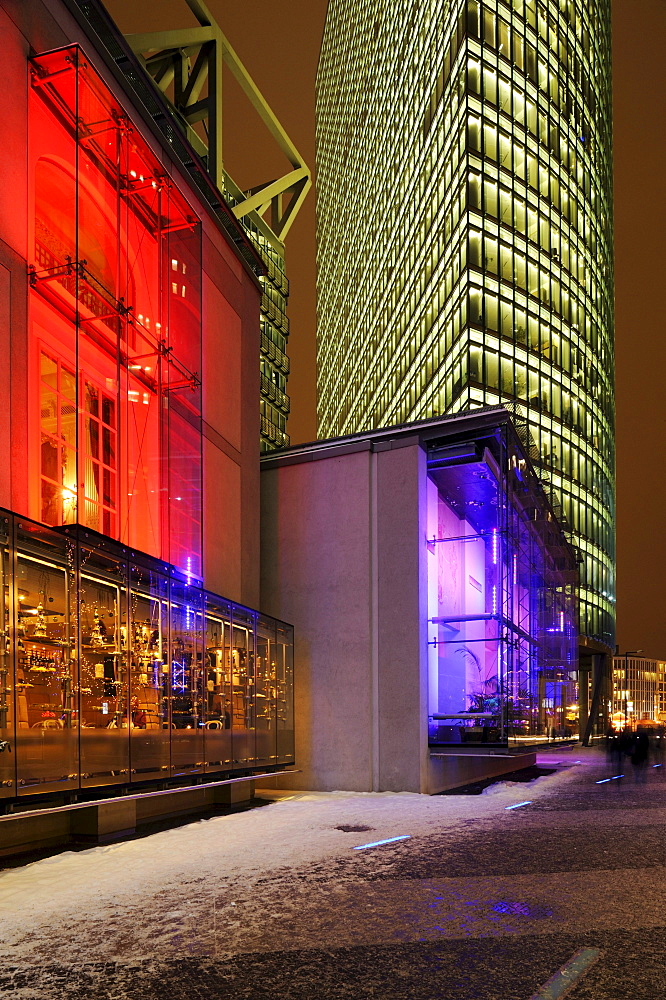 Installation of a Baroque facade in the Sony Center with Bahntower skyscraper, Potsdamer Platz, Berlin, Germany, Europe